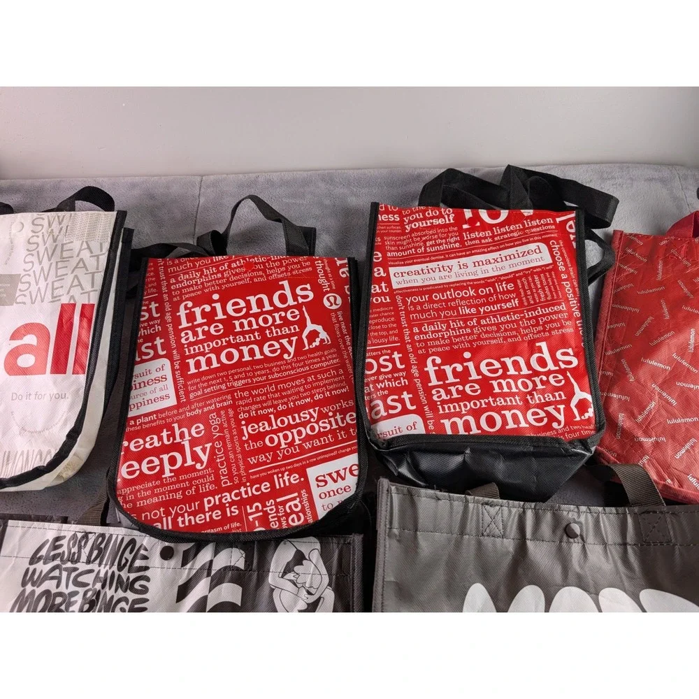 Lululemon Reusable Shopping Tote Bag Lot of 11 Mixed Sizes Red White Black Green